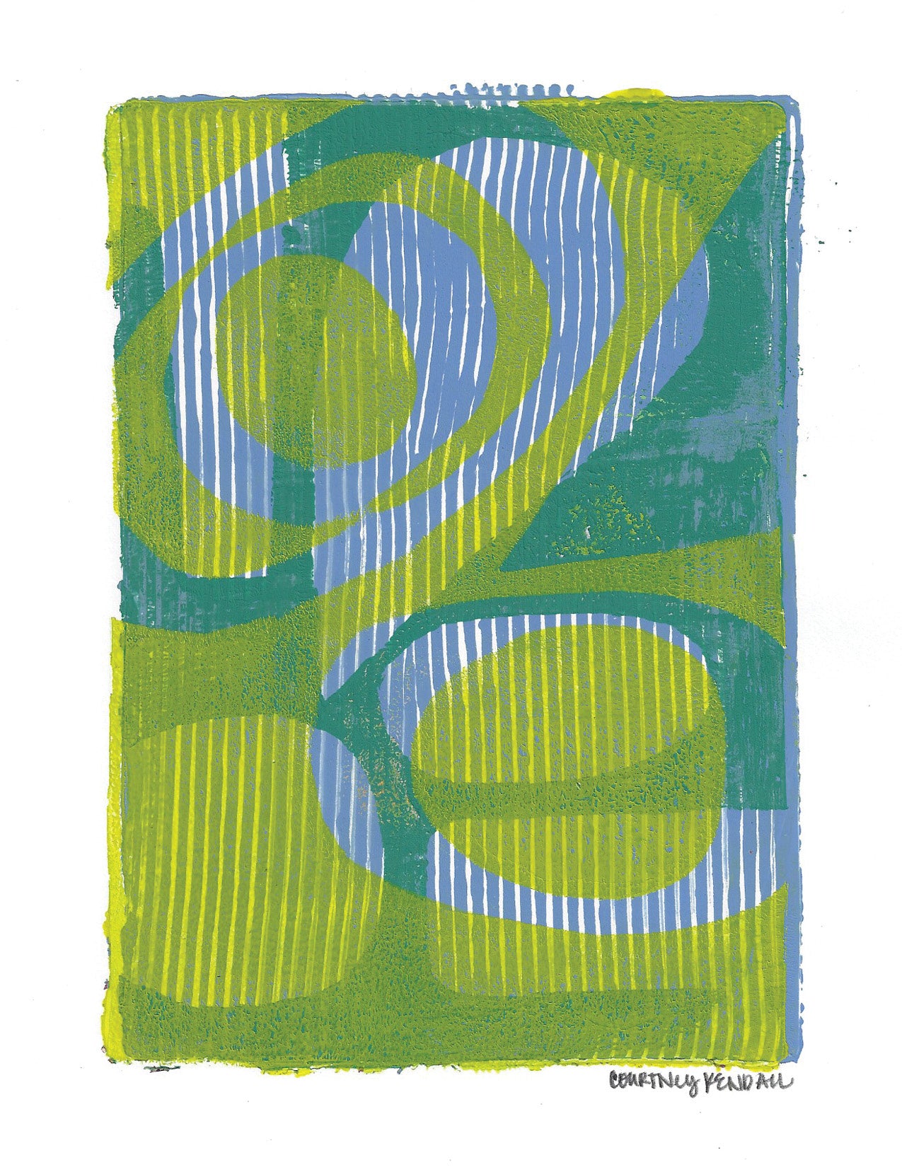 Gelli Print Card- Teal, blue, and chartreuse