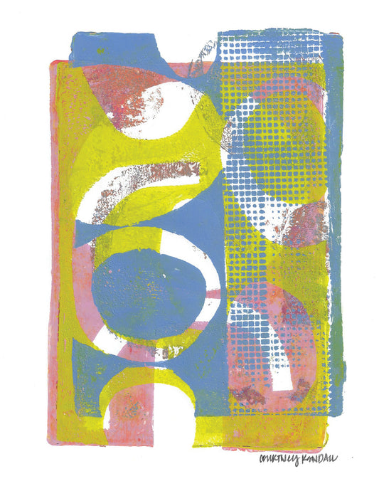 Gelli Print Card- Pink, blue, and chartreuse