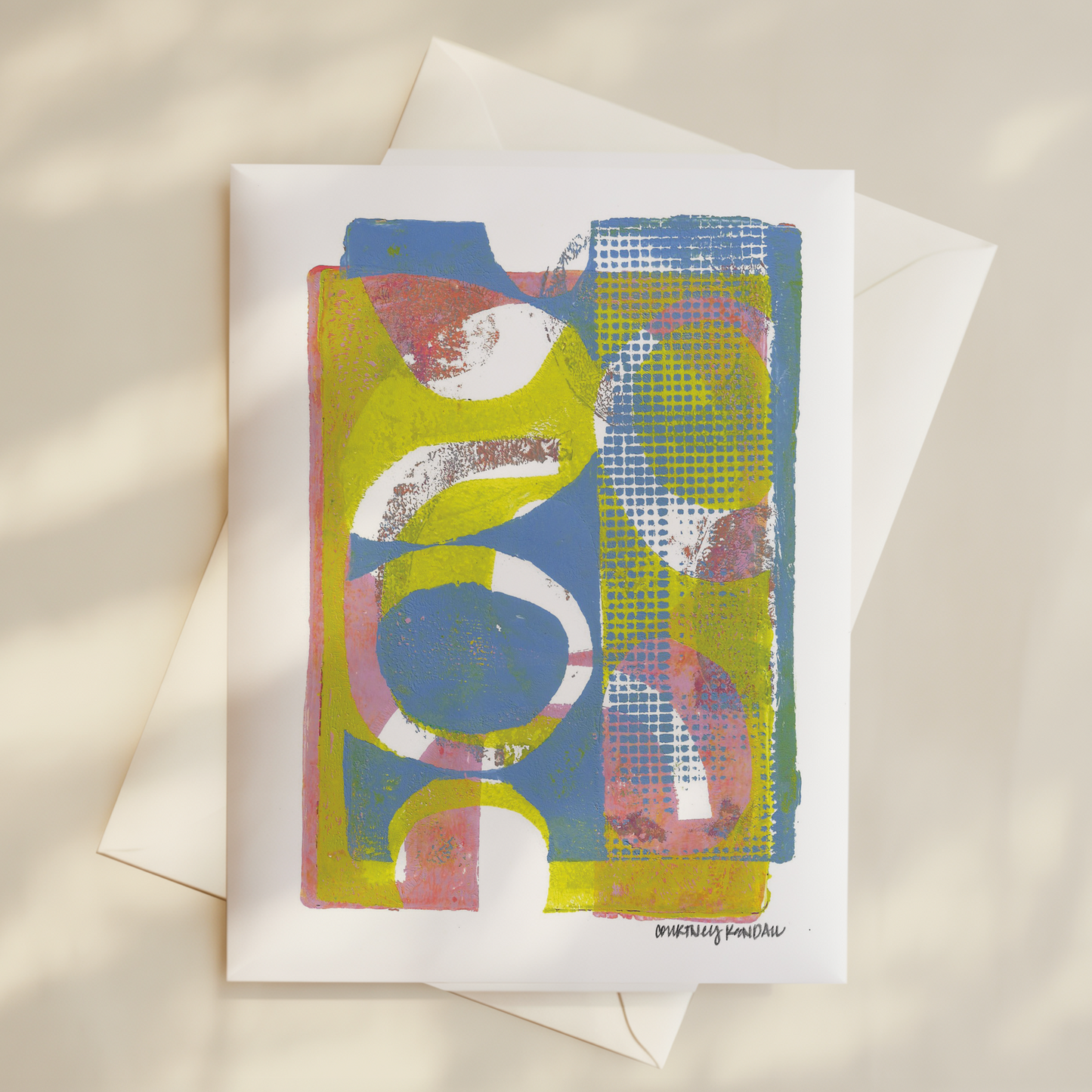 Gelli Print Card- Pink, blue, and chartreuse