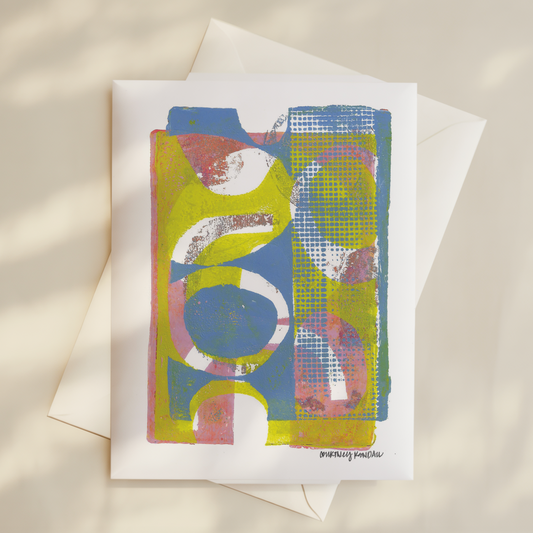 Gelli Print Card- Pink, blue, and chartreuse