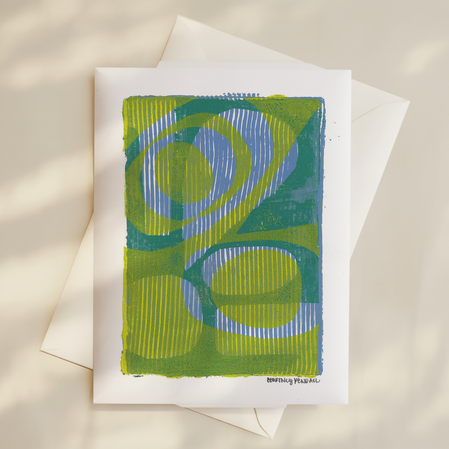 Gelli Print Card- Teal, blue, and chartreuse