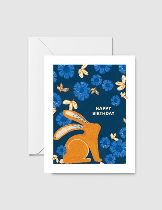 Happy Bunny-Blue and Orange Flowers-Happy Birthday Card